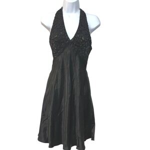 Vtg Black Goth Babydoll Halter Evening Dress Sz 7/8 (XS) Lace Satin Witch Vamp‎